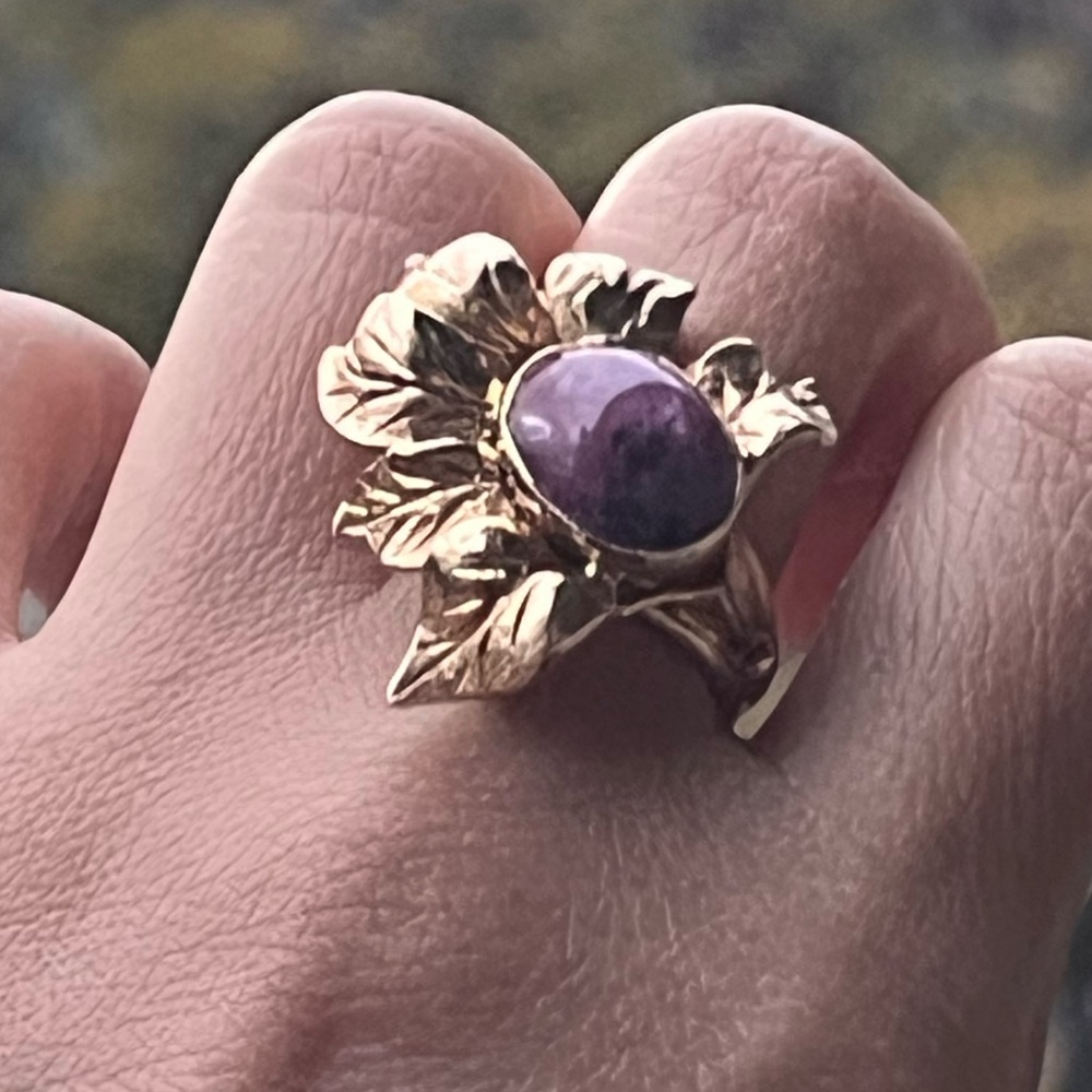 ANTIQUE 14K YELLOW GOLD MASSIVE RING "FLOWER" with "RED STAR"-RUBY, ART NOUVEAU - Picture 2 of 12